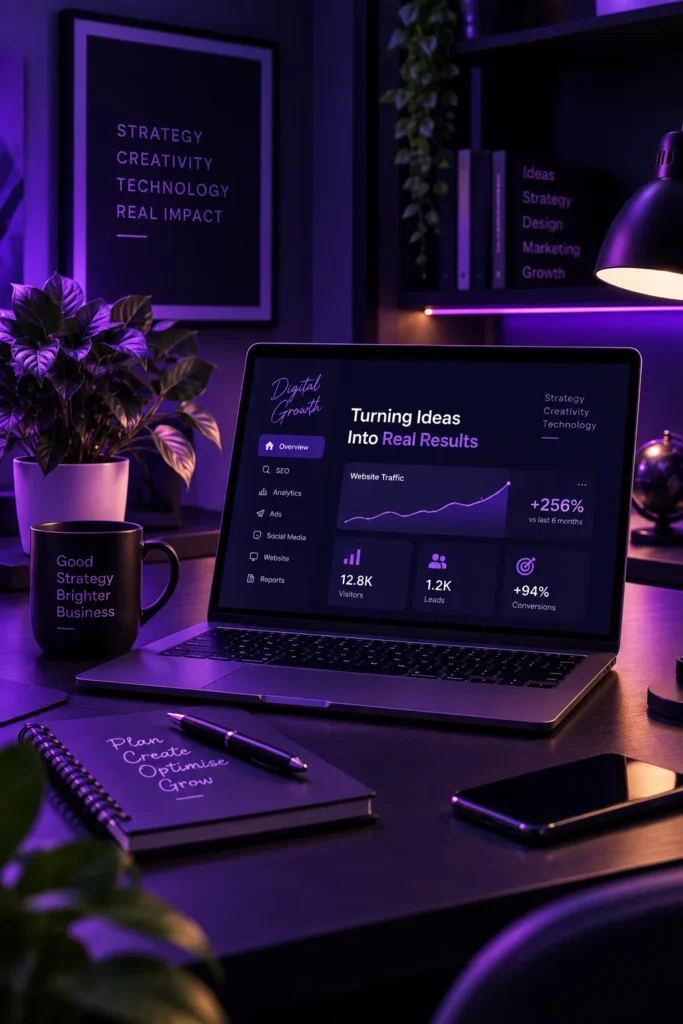 Digital marketing strategy workspace with SEO analytics and WordPress tools